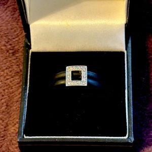 14k white gold and diamond double banded (rubber) fashion forward modern ring.